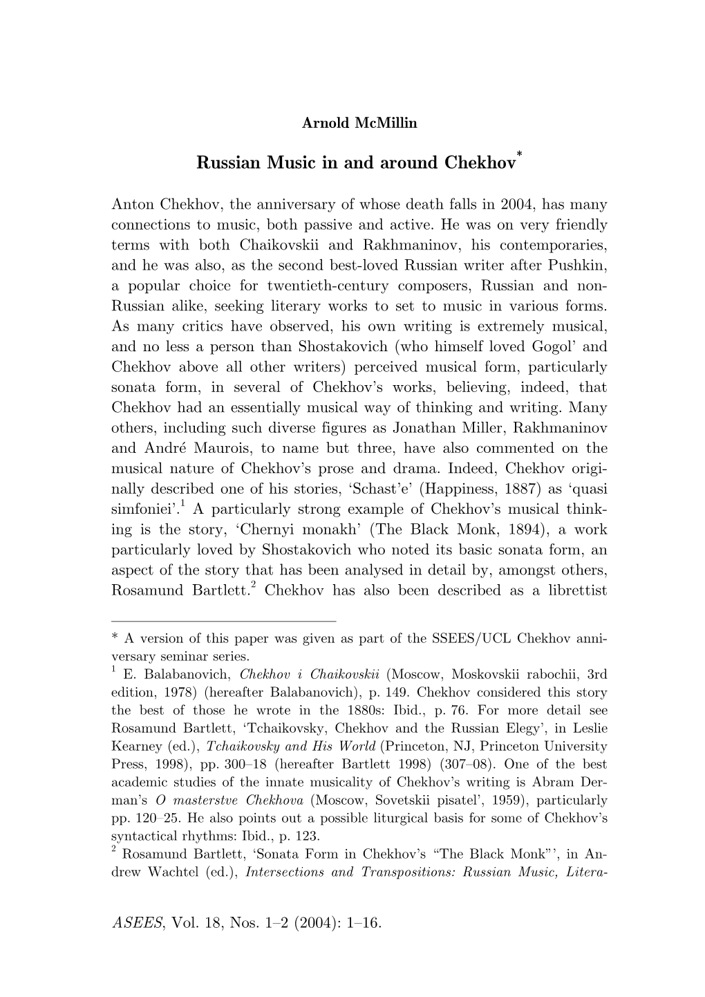 Russian Music in and Around Chekhov*