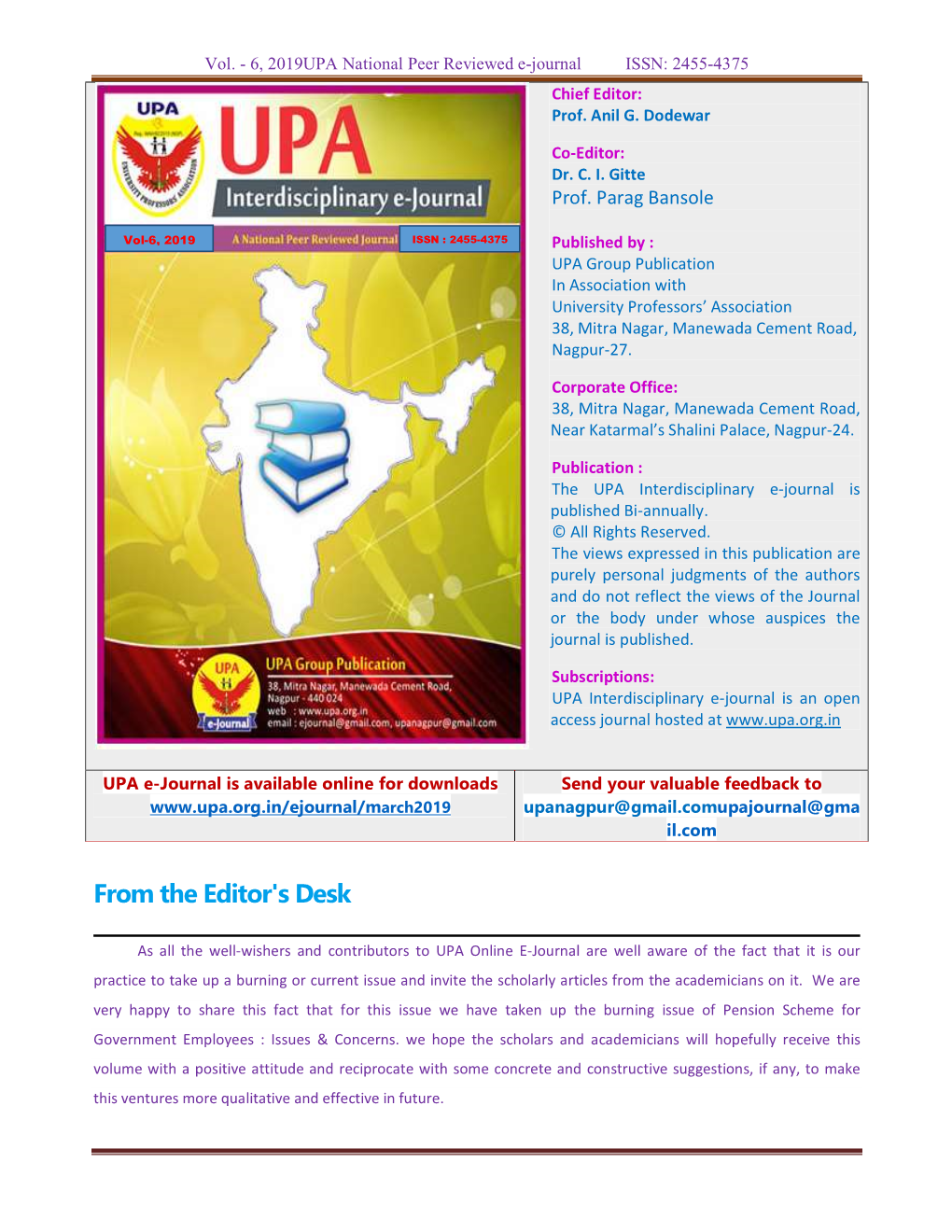 Downloads Send Your Valuable Feedback to Upanagpur@Gmail.Comupajournal@Gma Il.Com