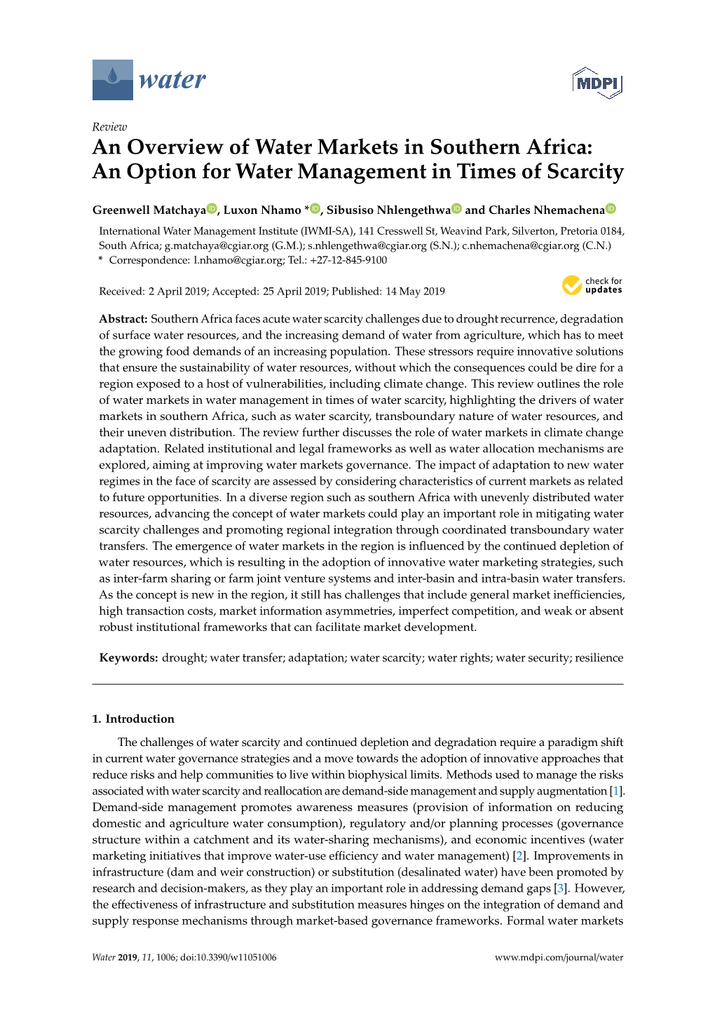 An Overview of Water Markets in Southern Africa: an Option for Water Management in Times of Scarcity