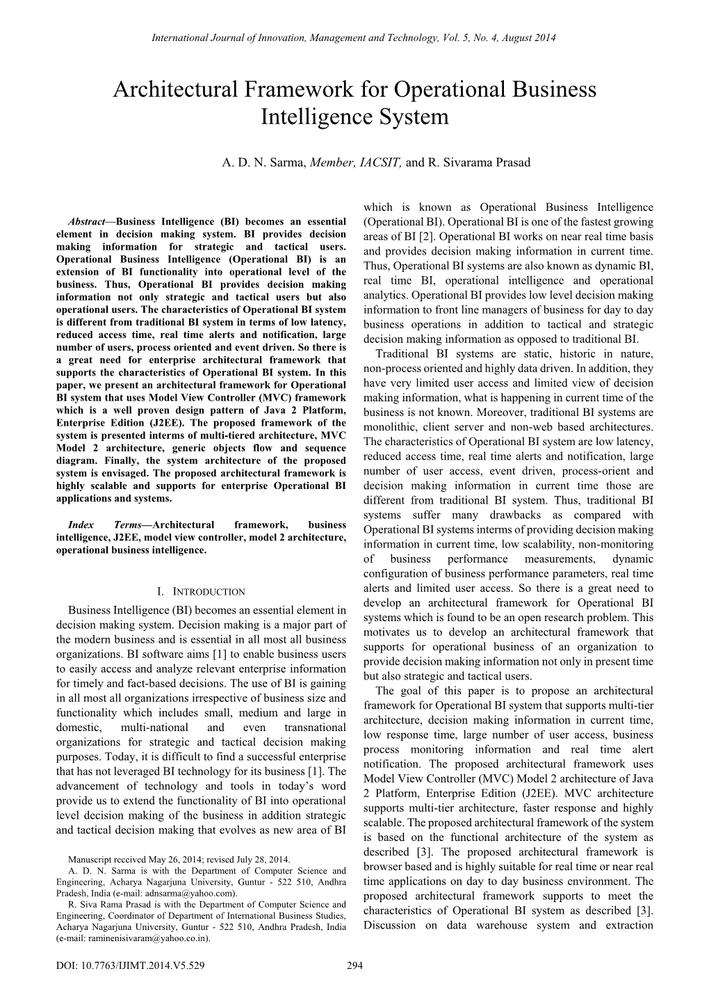 Architectural Framework for Operational Business Intelligence System