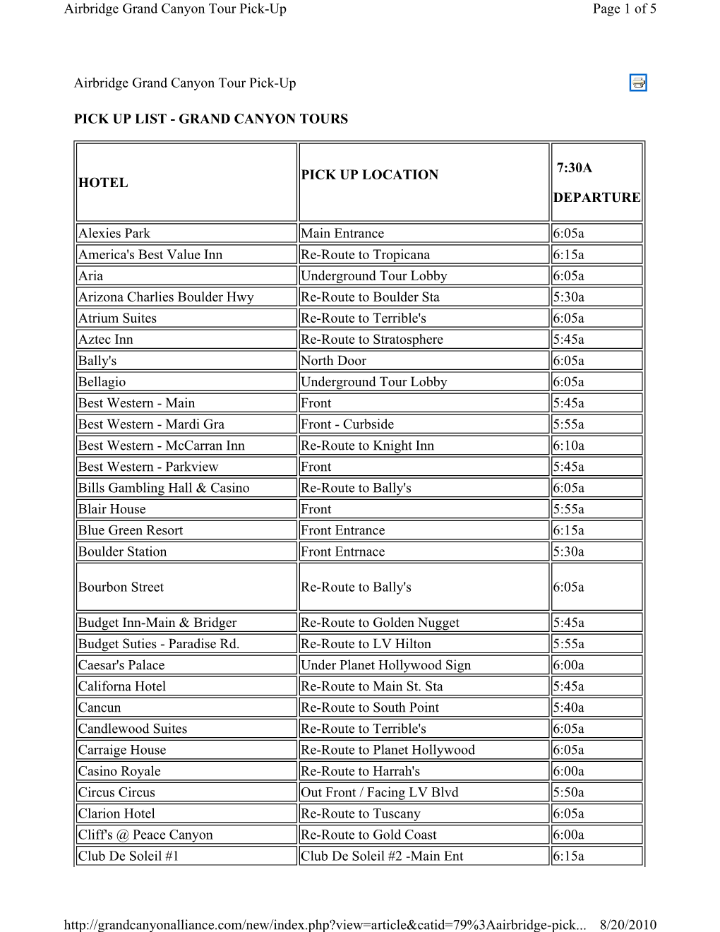 Airbridge Grand Canyon Tour Pick-Up PICK up LIST