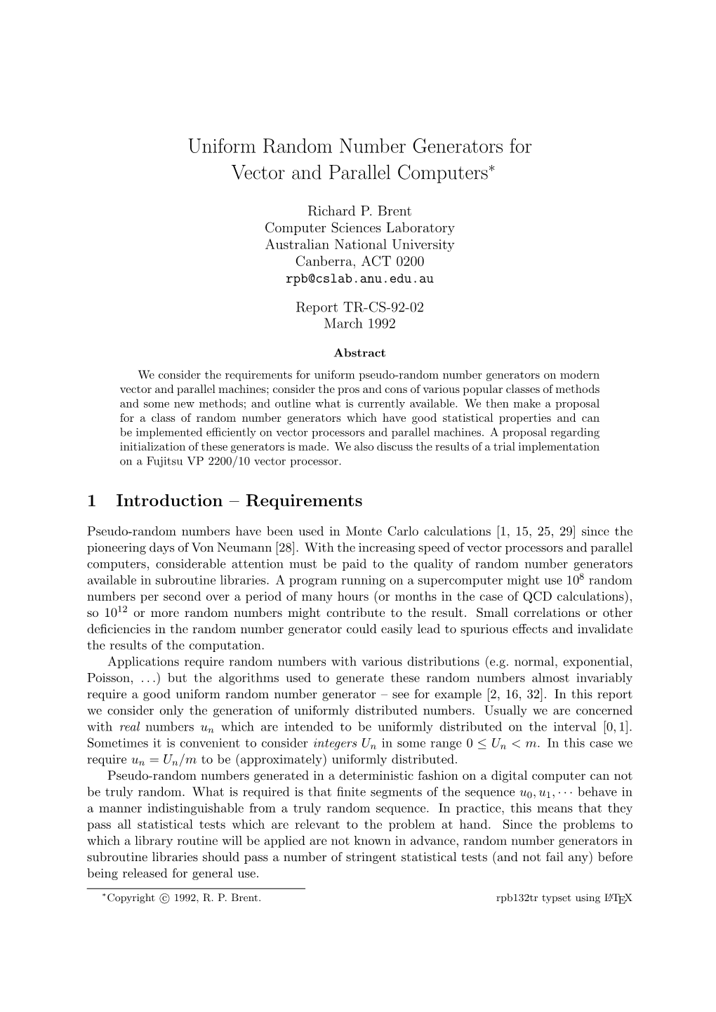 Uniform Random Number Generators for Vector and Parallel Computers∗
