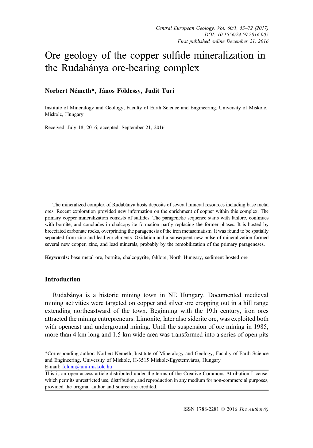 Ore Geology of the Copper Sulfide Mineralization in the Rudabánya