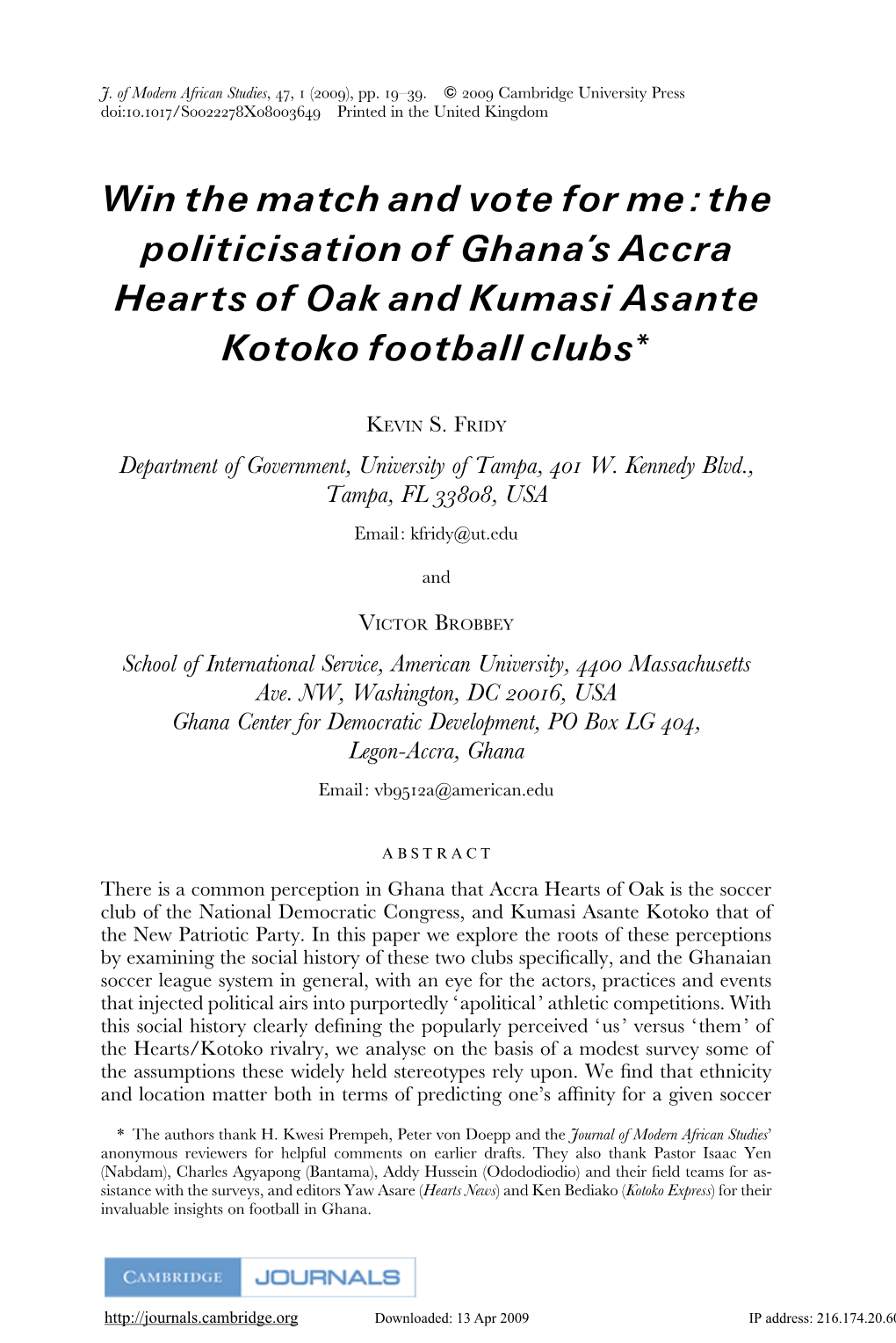 Win the Match and Vote for Me: the Politicisation of Ghana's Accra