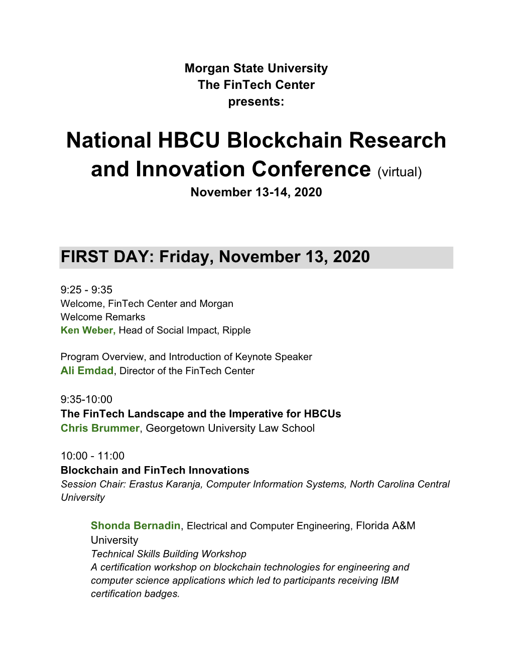 National HBCU Blockchain Research and Innovation Conference (Virtual) November 13-14, 2020