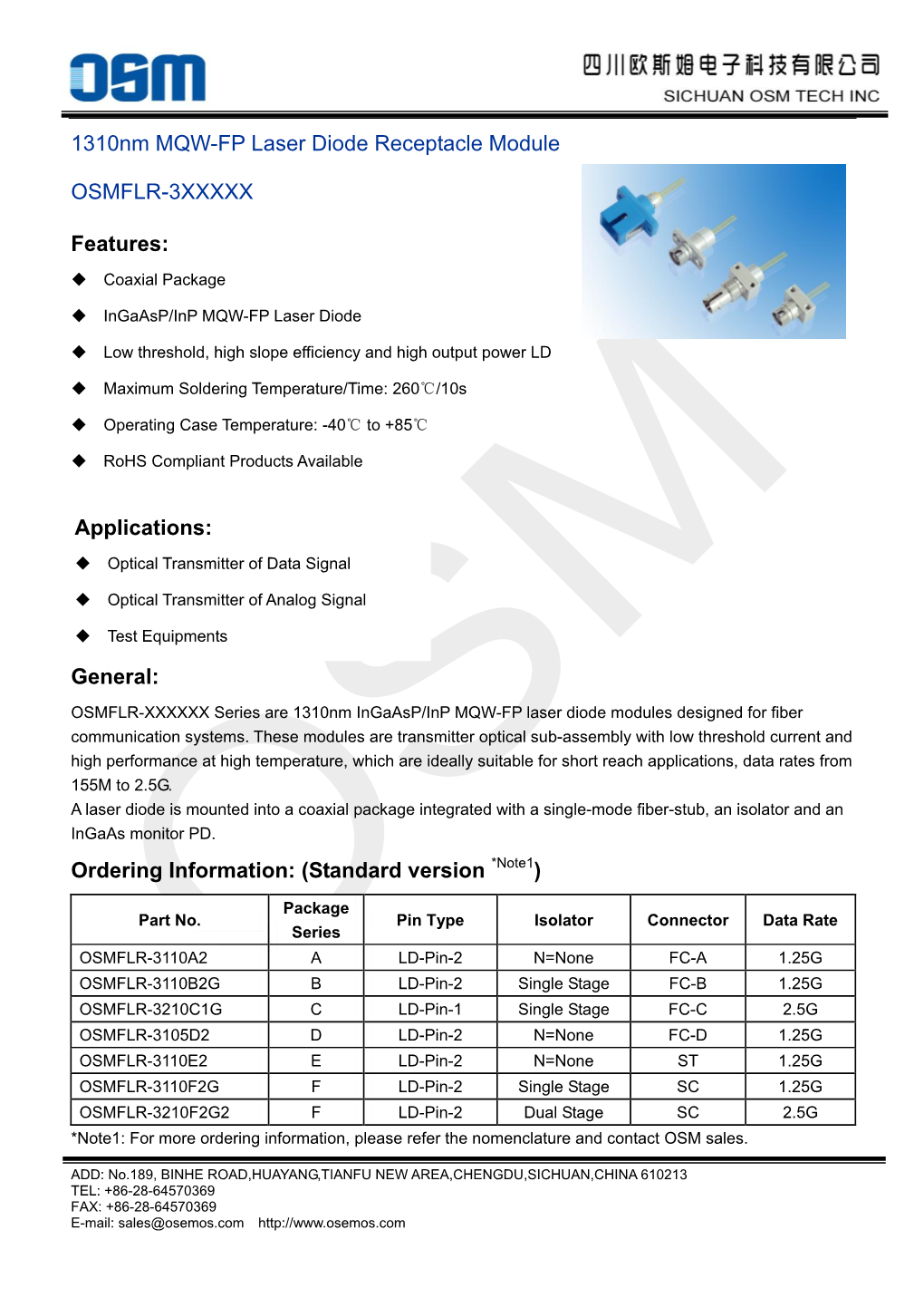 1310Nm MQW-FP Laser Diode Receptacle Module OSMFLR