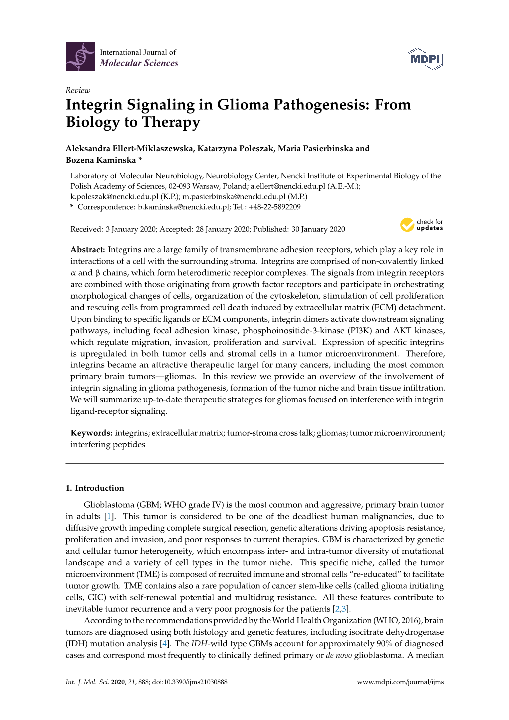 Integrin Signaling in Glioma Pathogenesis: from Biology to Therapy