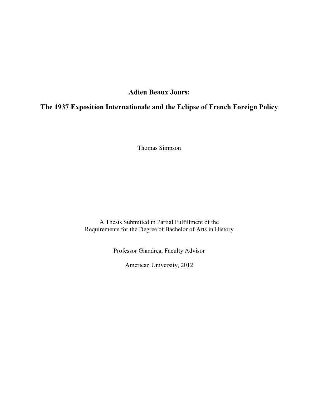 The 1937 Exposition Internationale and the Eclipse of French Foreign Policy