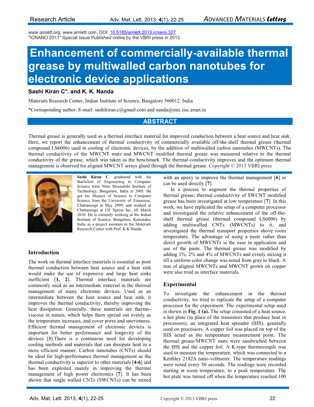 Enhancement of Commercially-Available Thermal Grease by Multiwalled Carbon Nanotubes for Electronic Device Applications Sashi Kiran C*