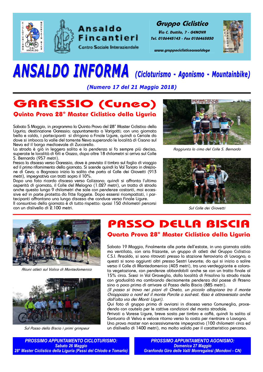 ANSALDO INFORMAINFORMA (Cicloturismo - Agonismo - Mountainbike) (Numero 17 Del 21 Maggio 2018) GARESSIO (Cuneo) Quinta Prova 28° Master Ciclistico Della Liguria