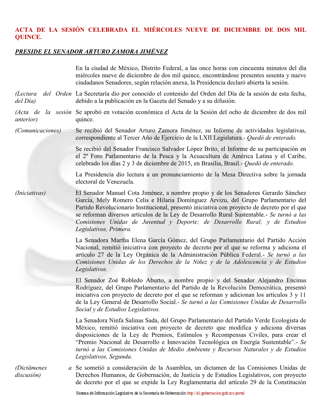 Acta De La Sesión Celebrada El Miércoles Nueve De Diciembre De Dos Mil Quince