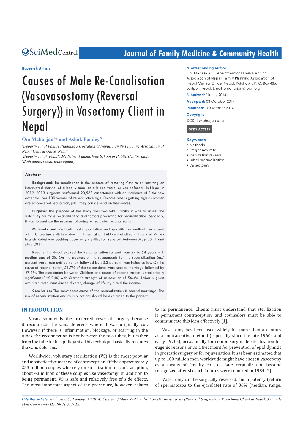(Vasovasostomy (Reversal Surgery)) in Vasectomy Client in Nepal