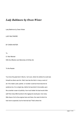 Lady Baltimore by Owen Wister&lt;/H1&gt;