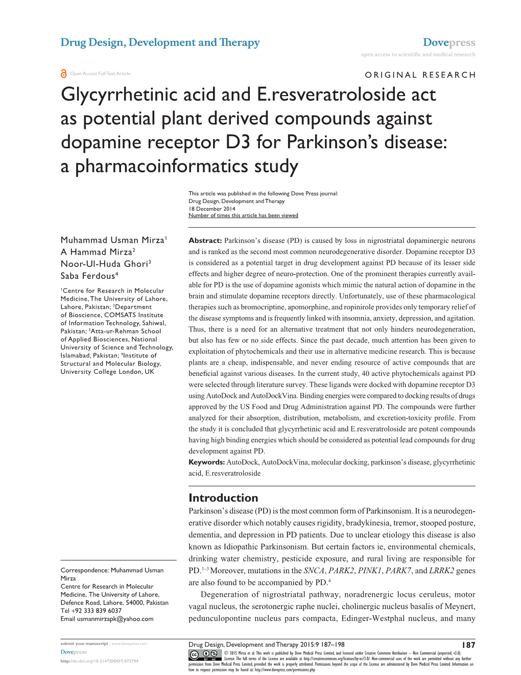 Glycyrrhetinic Acid and E.Resveratroloside Act As Potential Plant Derived Compounds Against Dopamine Receptor D3 for Parkinson’S Disease: a Pharmacoinformatics Study