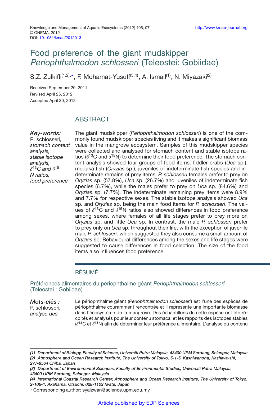 Food Preference of the Giant Mudskipper Periophthalmodon Schlosseri (Teleostei: Gobiidae)