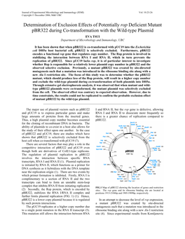 Rop Deficient Mutant Pbr322 During Co-Transformation with the Wild-Type Plasmid EVA TSUI Department of Microbiology and Immunology, UBC