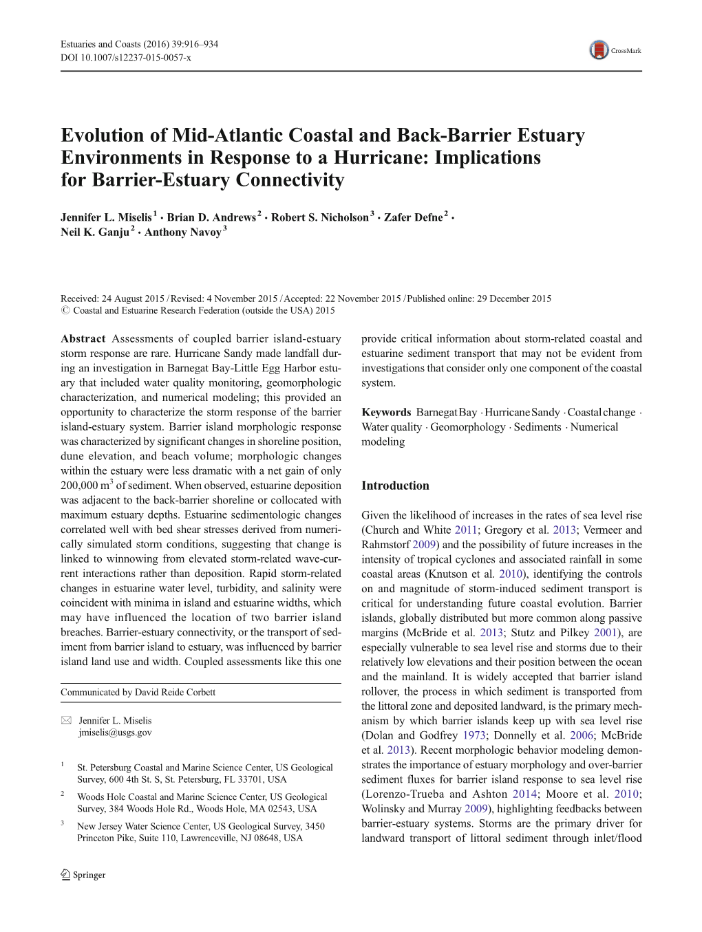 Evolution of Mid-Atlantic Coastal and Back-Barrier Estuary Environments in Response to a Hurricane: Implications for Barrier-Estuary Connectivity