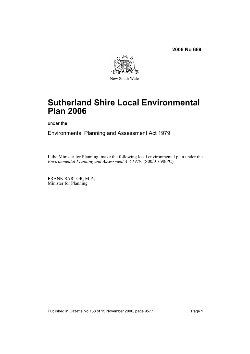 Sutherland Shire Local Environmental Plan 2006 Under the Environmental Planning and Assessment Act 1979