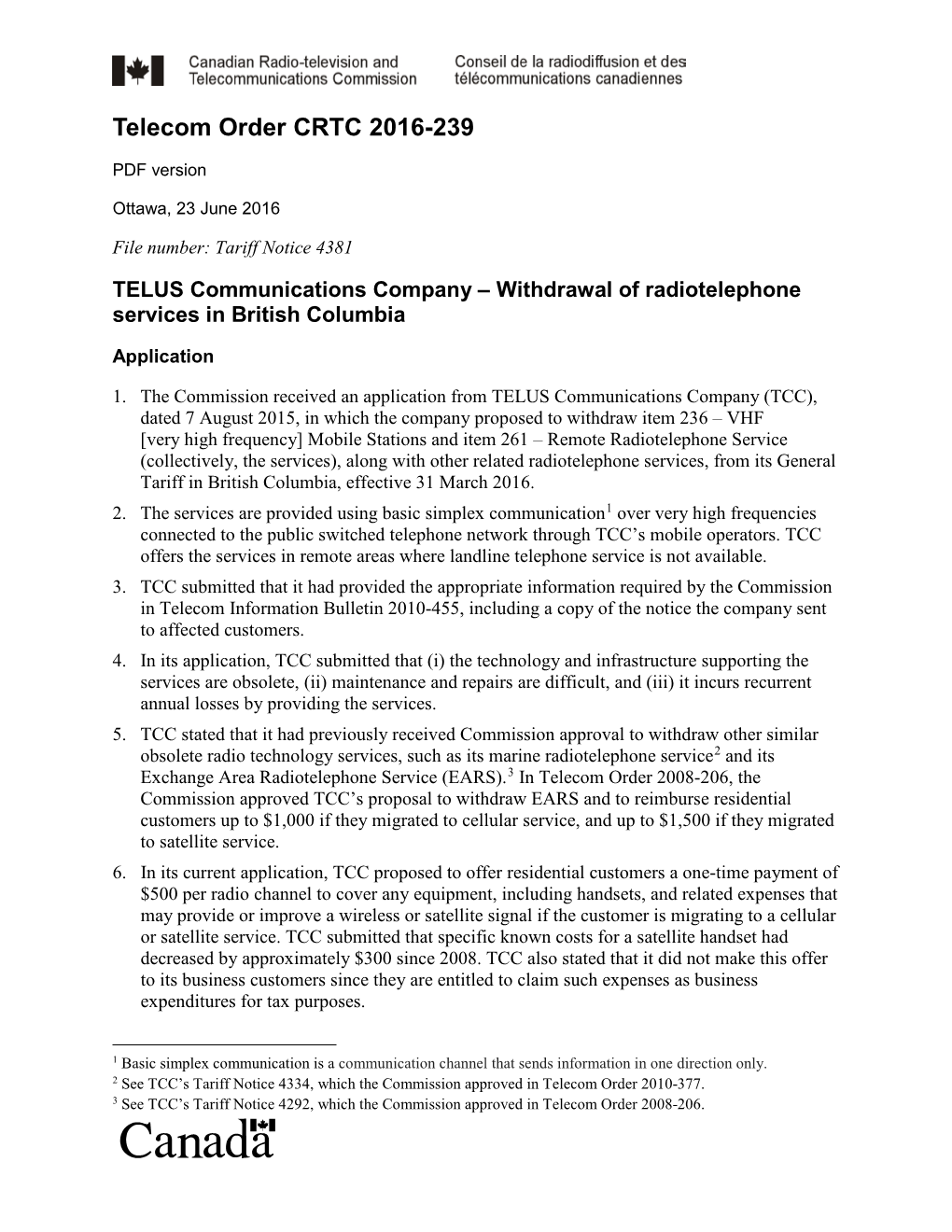 Withdrawal of Radiotelephone Services in British Columbia