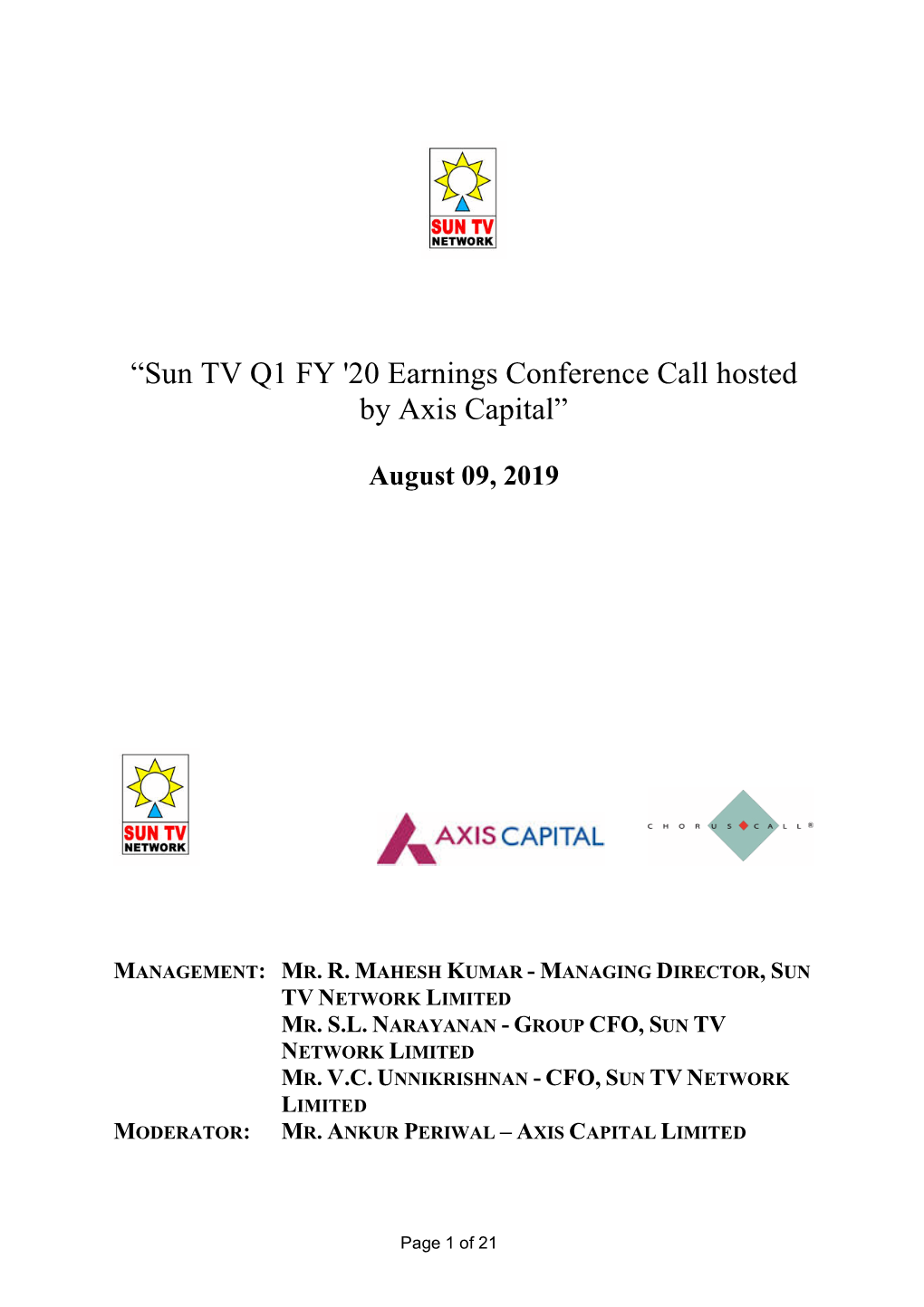 “Sun TV Q1 FY '20 Earnings Conference Call Hosted by Axis Capital”