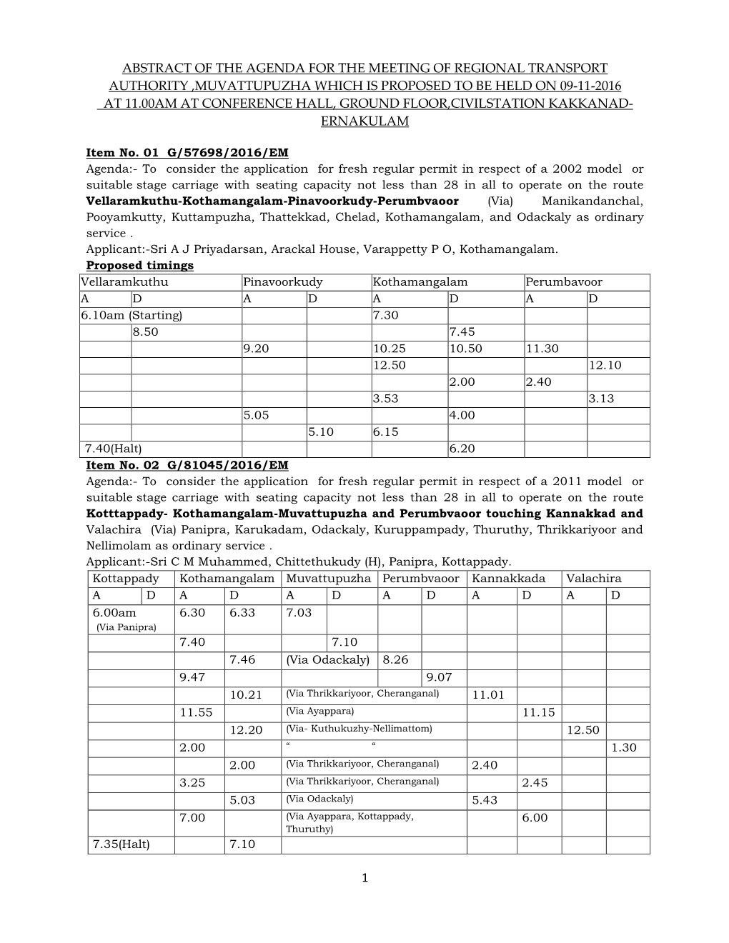 1 Abstract of the Agenda for the Meeting of Regional Transport Authority ,Muvattupuzha Which Is Proposed to Be Held on 09-11-201