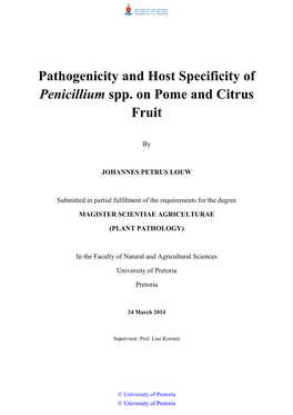 Pathogenicity and Host Specificity of Penicillium Spp. on Pome and Citrus Fruit