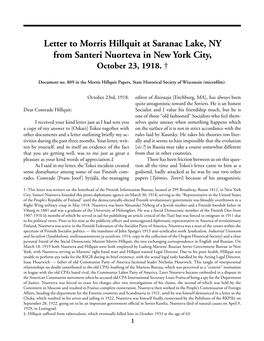Letter to Morris Hillquit at Saranac Lake, NY from Santeri Nuorteva in New York City, October 23, 1918