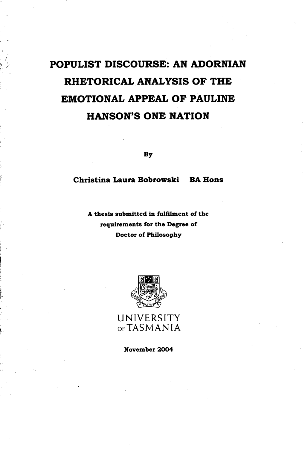 An Adornian Rhetorical Analysis of the Emotional Appeal of Pauline Hanson's One Nation