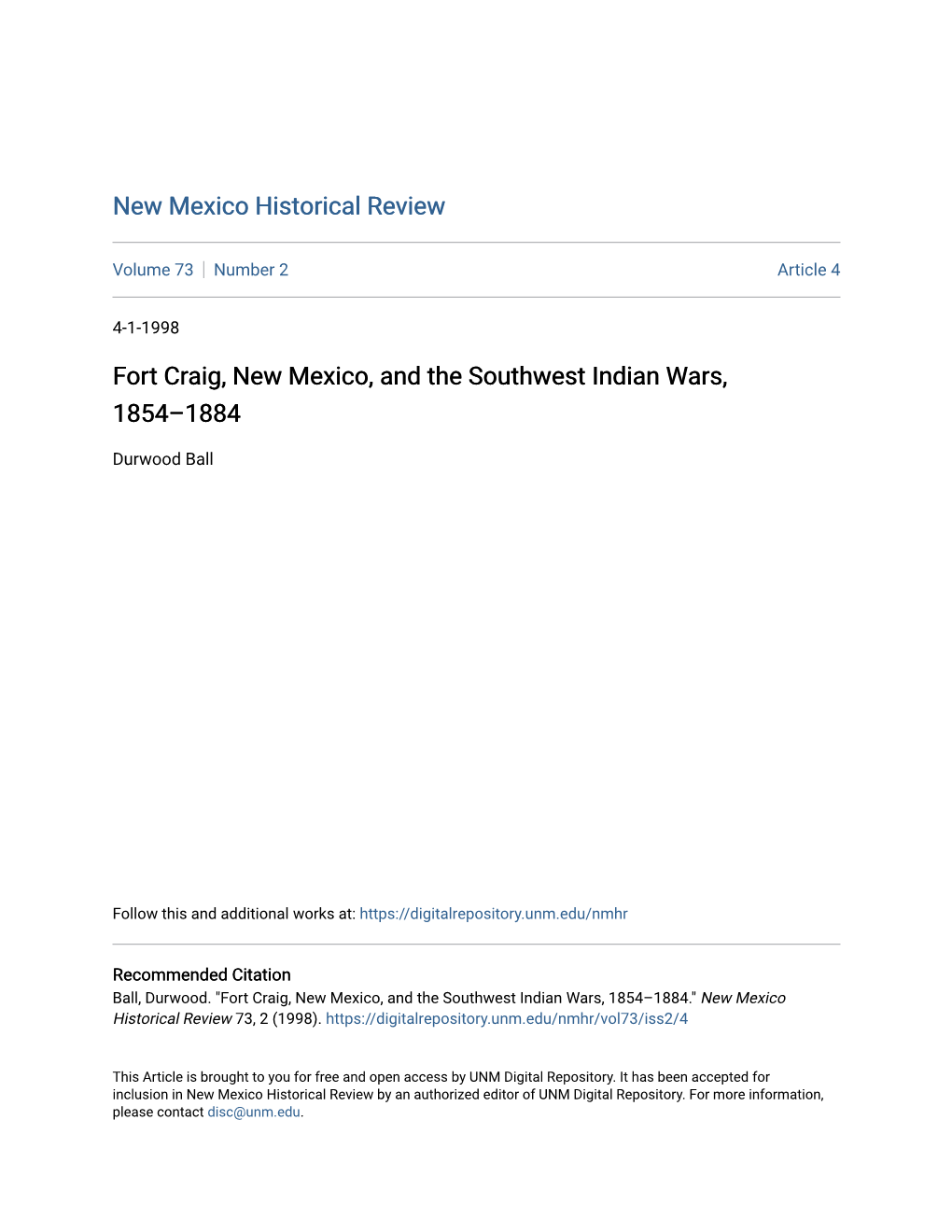 Fort Craig, New Mexico, and the Southwest Indian Wars, 1854–1884