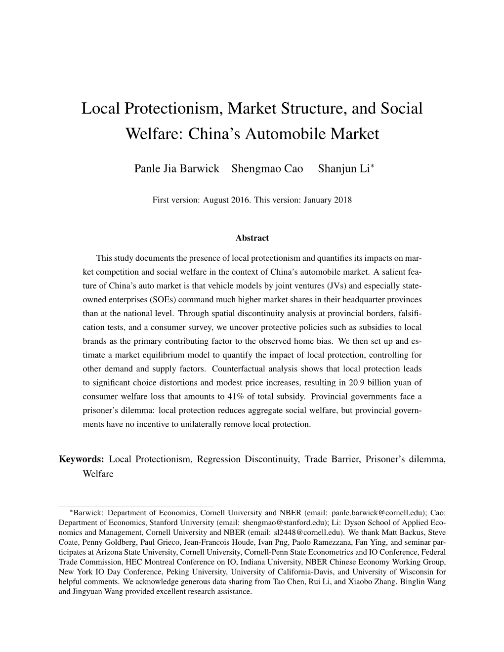 Local Protectionism, Market Structure, and Social Welfare: China’S Automobile Market
