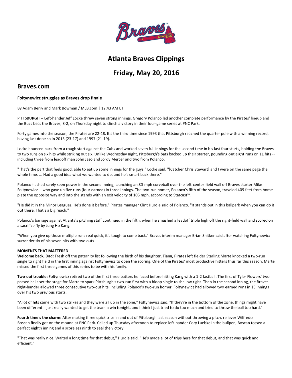 Atlanta Braves Clippings Friday, May 20, 2016 Braves.Com