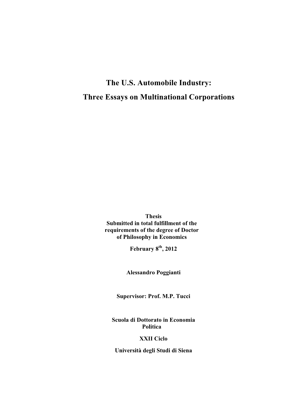 The U.S. Automobile Industry: Three Essays on Multinational Corporations