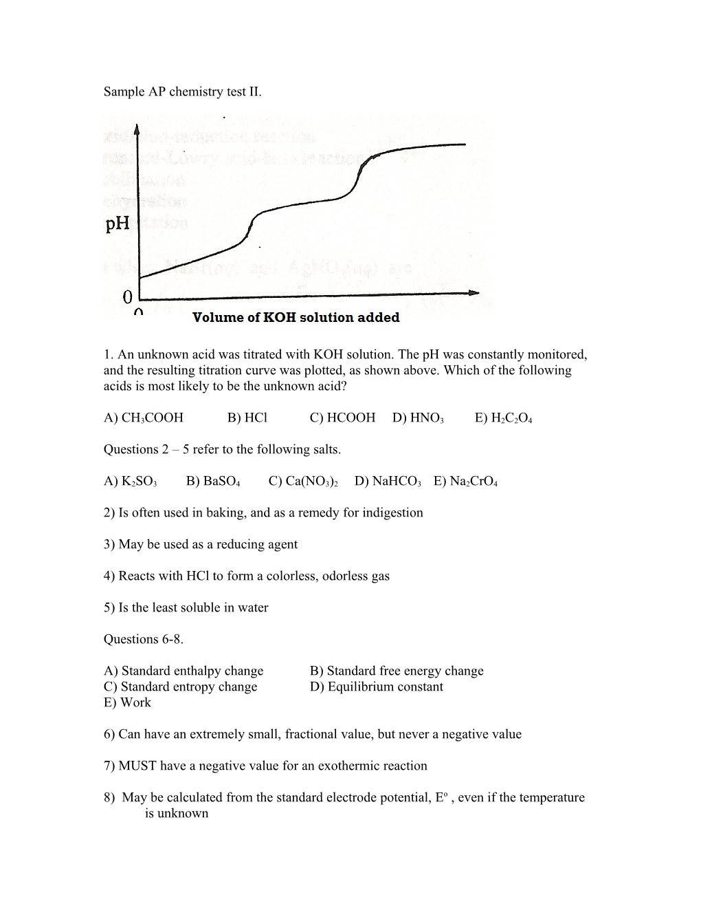 Sample AP Chemistry Test II