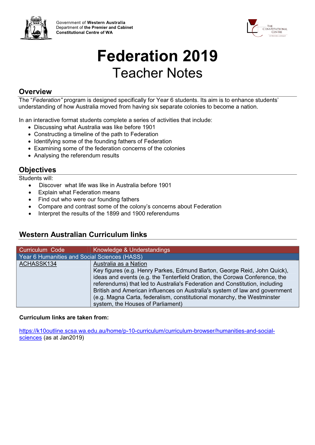 Federation 2019 Teacher Notes