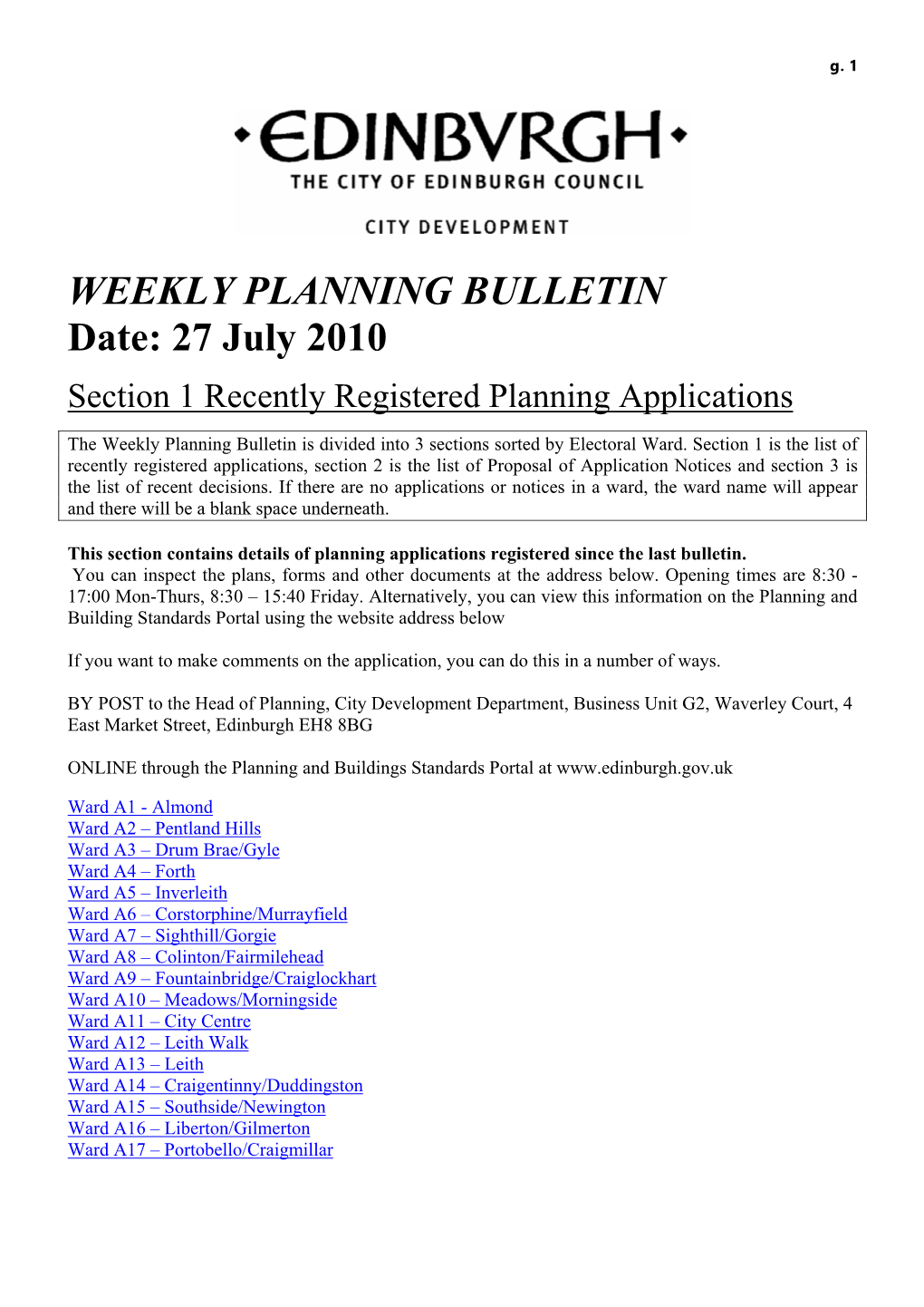 WEEKLY PLANNING BULLETIN Date: 27 July 2010