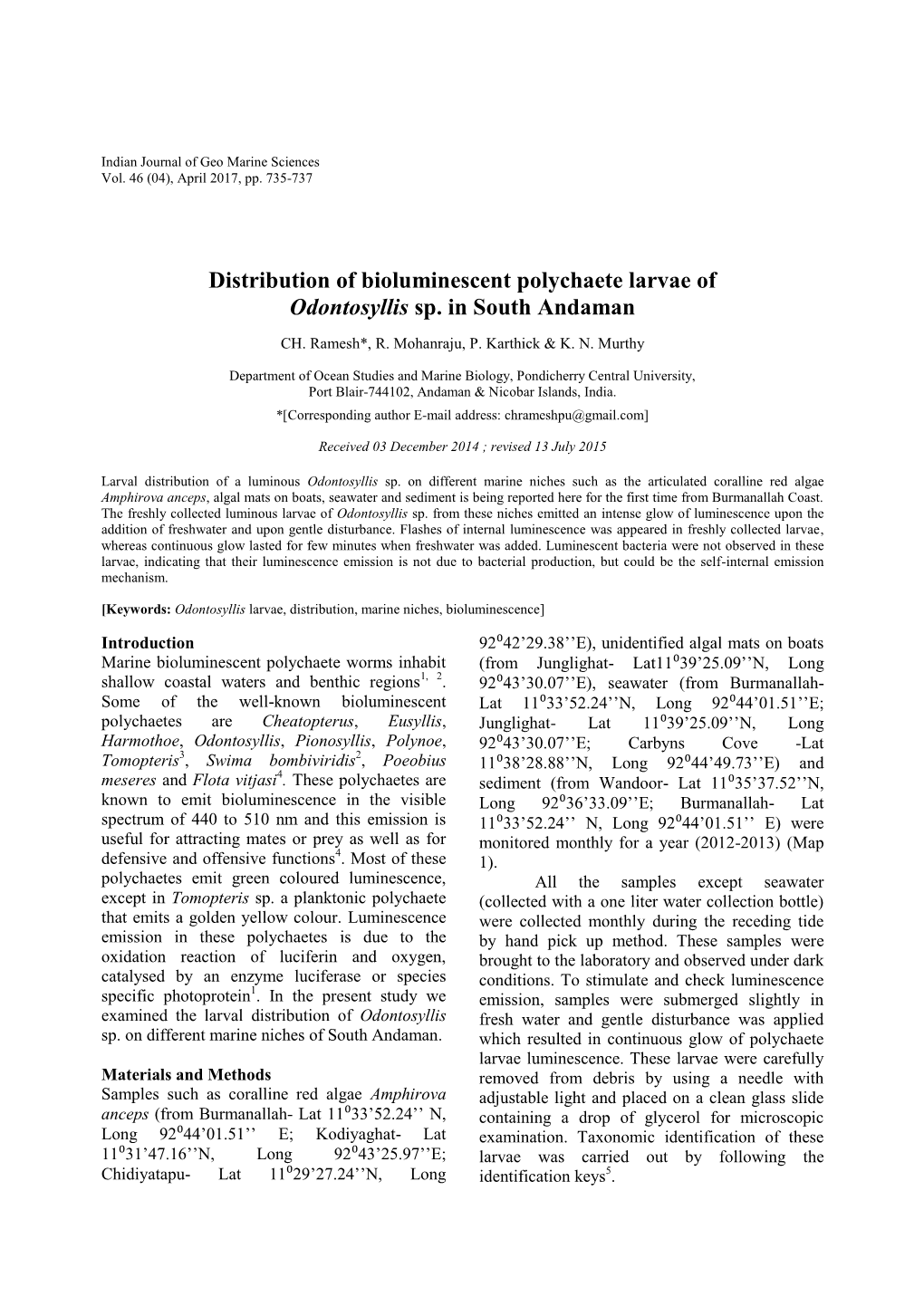 Distribution of Bioluminescent Polychaete Larvae of Odontosyllis Sp