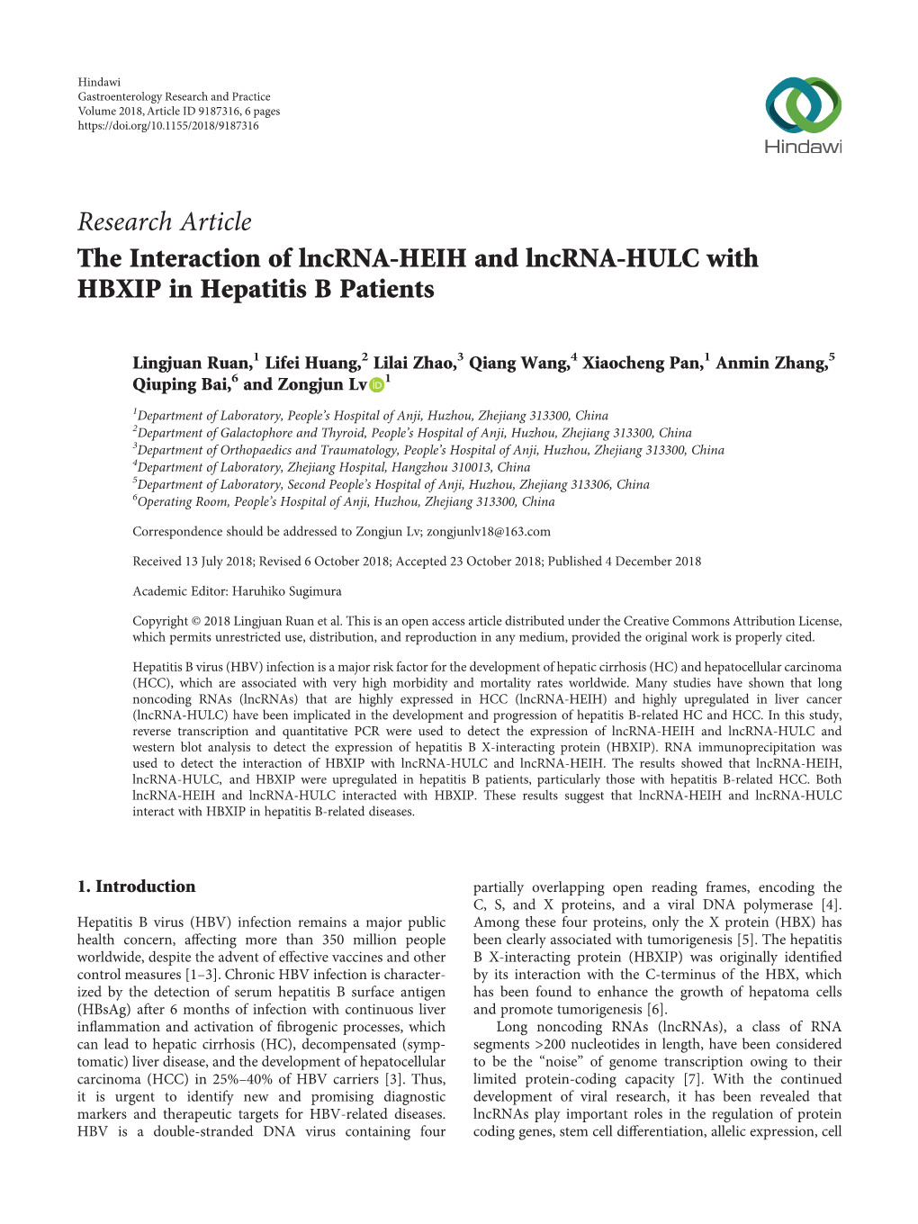 Research Article the Interaction of Lncrna-HEIH and Lncrna-HULC with HBXIP in Hepatitis B Patients