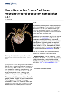 New Mite Species from a Caribbean Mesophotic Coral Ecosystem Named After J.Lo 15 July 2014