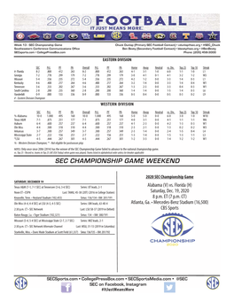 2020 SEC Championship Game SATURDAY, DECEMBER 19 Texas A&M (7-1, 7-1 SEC) at Tennessee (3-6, 3-6 SEC) Series: UT Leads, 2-1 Alabama (V) Vs