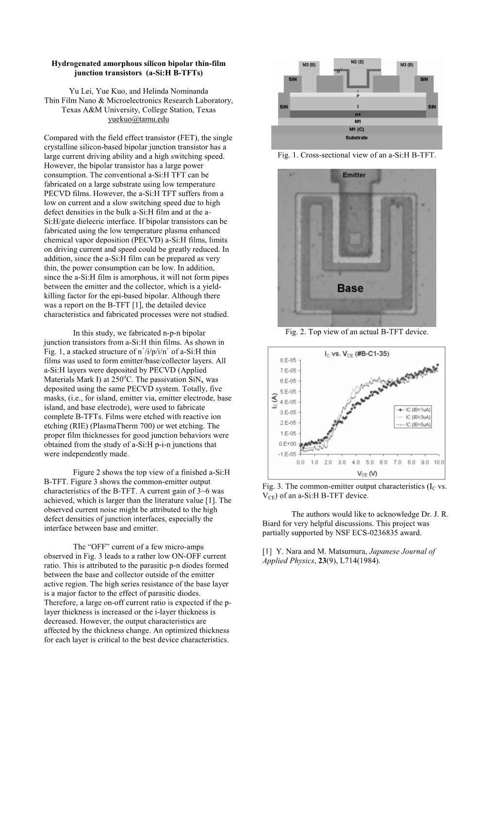 Hydrogenated Amorphous Silicon Bipolar Thin-Film Junction Transistors (A-Si:H B-Tfts) Yu Lei, Yue Kuo, and Helinda Nominanda Th