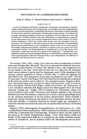PHYLOGENY of LAMPRIDIFORM FISHES John E. Olney, G. David