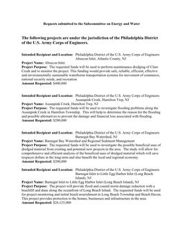 The Following Projects Are Under the Jurisdiction of the Philadelphia District of the U.S