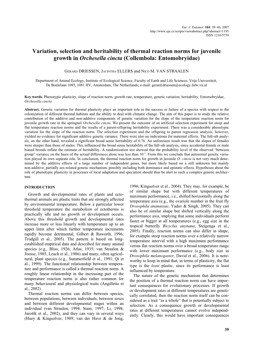 Variation, Selection and Heritability of Thermal Reaction Norms for Juvenile Growth in Orchesella Cincta (Collembola: Entomobryidae)