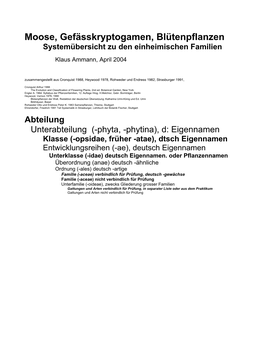 Moose, Gefässkryptogamen, Blütenpflanzen Systemübersicht Zu Den Einheimischen Familien