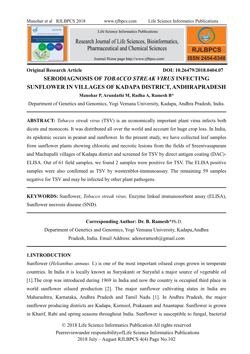 Serodiagnosis of Tobacco Streak Virus Infecting