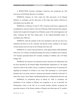 A RESOLUTION Honoring Azerbaijani Americans and Recognizing the 24Th Anniversary of the Khojaly Massacre in Azerbaijan