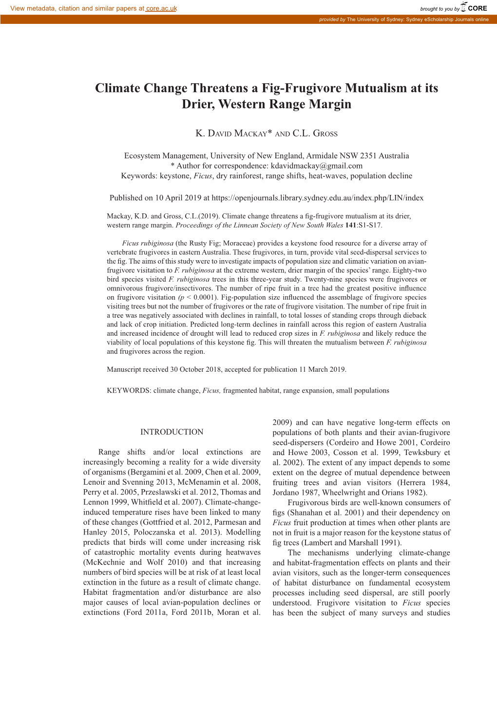 Climate Change Threatens a Fig-Frugivore Mutualism at Its Drier, Western Range Margin