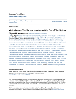 Victim Impact: the Manson Murders and the Rise of the Victims' Rights