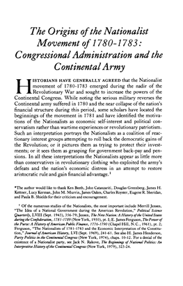 The Origins of the Nationalist Movement of 1780-1783: Congressional Administration and the Continental Army