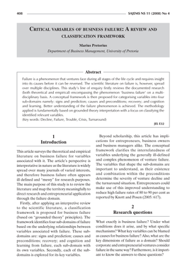 Critical Variables of Business Failure: a Review and Classification Framework